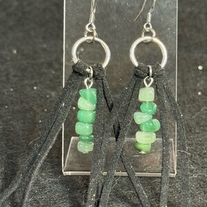 Elegant Handmade Green Aventurine Stone Earrings with Black Faux Suede Tassels